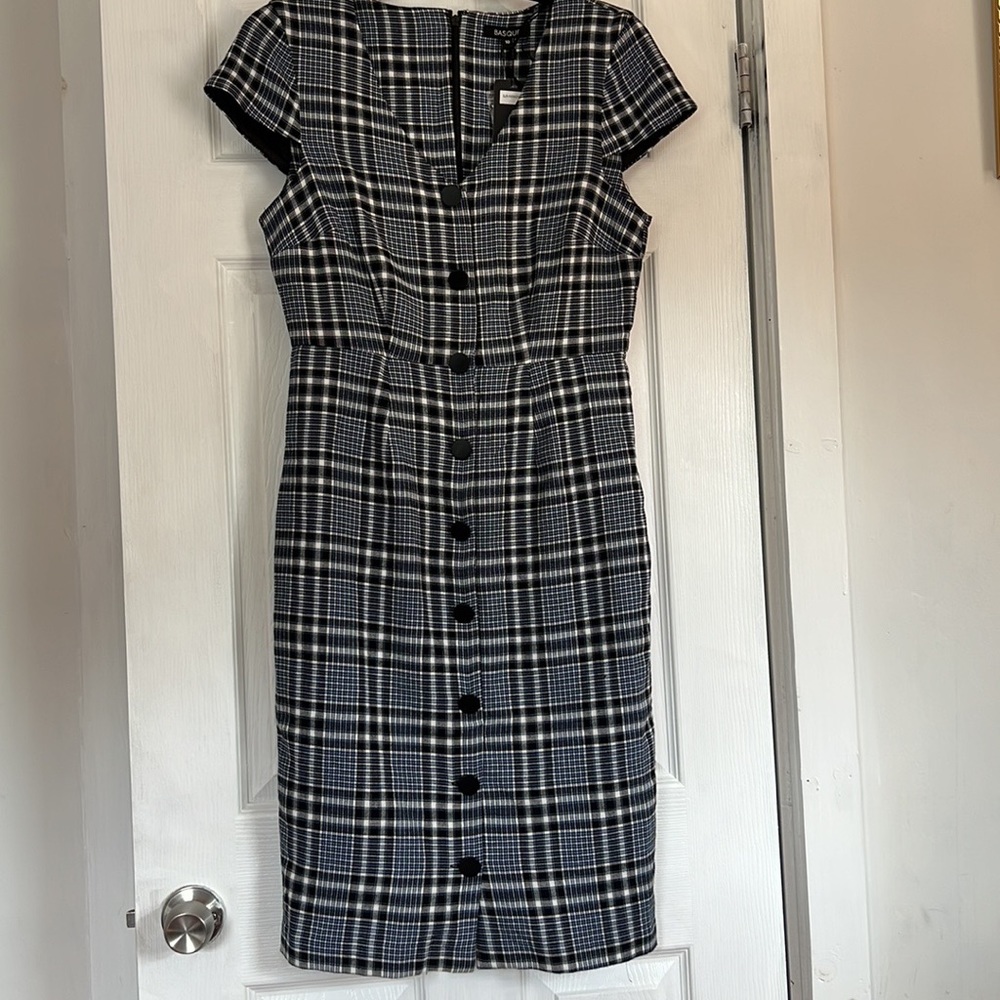 Basque Womens Midi Dress Blue Black plaid Size 10 Cap Sleeves Cotton Blend NWT - Picture 15 of 15